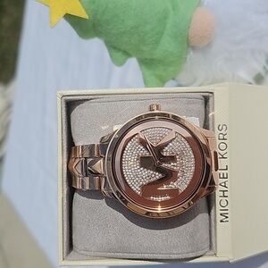 MICHAEL KORS ROSE GOLD RUNWAY MERCER RHINESTONE BEZEL 44mm QUARTZ WATCH